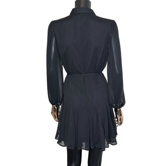 🆕 LOFT Black Chiffon Button-Down Long Sleeve Mini Dress with Tie Waist SZ Small - Picture 4 of 10